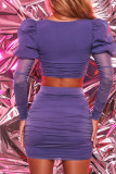 Фиолетовый сексуальный сплошной лоскутный квадратный воротник с длинным рукавом из двух частей