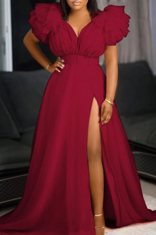 Rotes, sexy, elegantes, solides Patchwork-Abendkleid mit V-Ausschnitt und Kleidern in Übergröße
