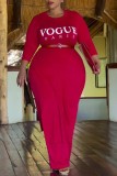 Rouge Casual Letter Print Slit O Neck Plus Size Two Pieces