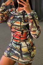 Цветные повседневные платья с принтом и круглым вырезом с длинным рукавом