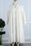 Blanco casual sólido patchwork cuello vuelto manga larga vestidos de talla grande