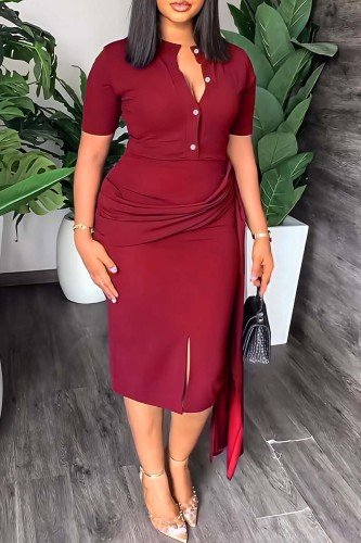 Red Casual Solid Patchwork V Neck Short Sleeve Dress