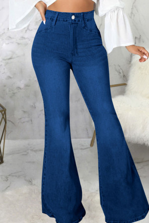 Dark Blue Casual Street Solid Patchwork High Waist Flare Leg Denim Jeans