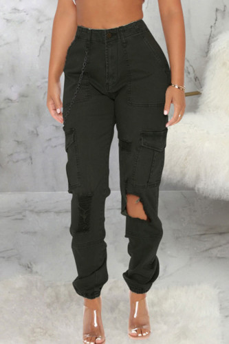 Black Casual Street Print High Waist Pencil Ripped Skinny Cargo Pants