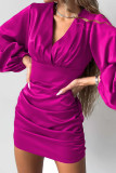 イエロー セクシー ソリッド パッチワーク フォールド V ネック ワンステップ スカート ドレス