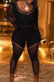 Schwarzer, sexy, durchsichtiger, dünner Jumpsuit aus Mesh mit O-Ausschnitt