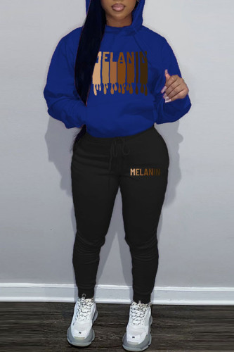 Blue Casual Letter Print Hooded Collar Long Sleeve Sweatshirt And Pants Sportwear Two Piece Jogger Set