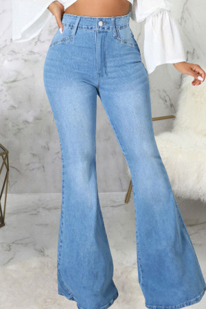 Light Blue Casual Street Solid Patchwork High Waist Flare Leg Denim Jeans