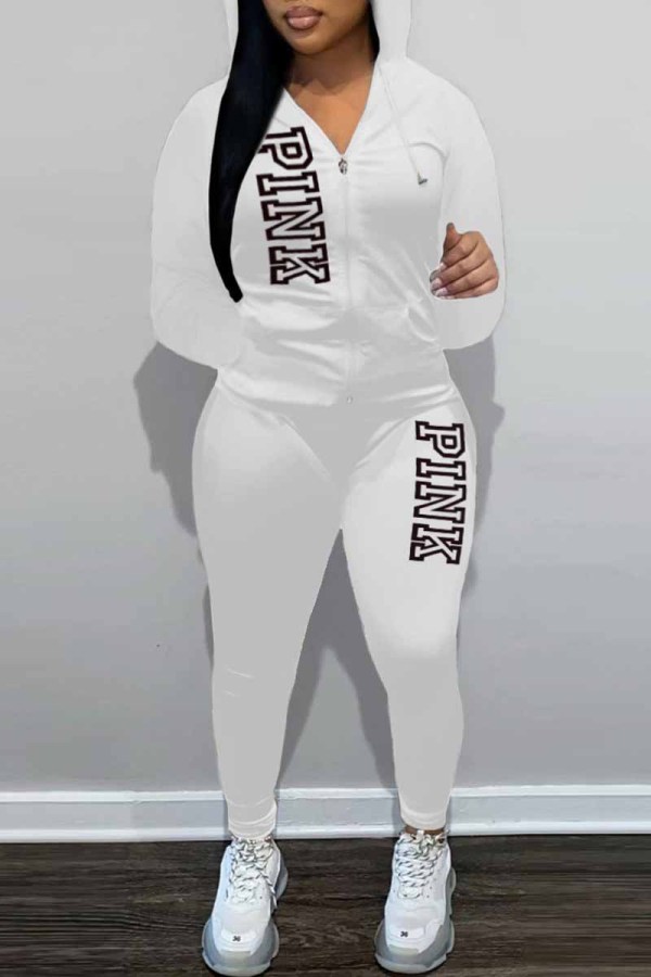 White Casual Print Letter Hooded Collar Long Sleeve Two Pieces