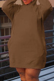 アーミーグリーンカジュアルソリッドパッチワークフード付きカラーロングスリーブドレス