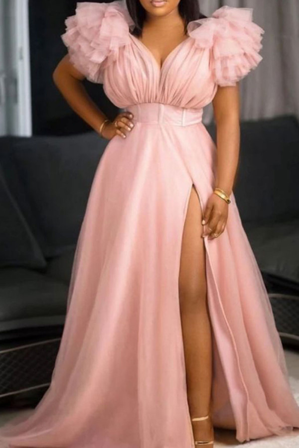 Vestido de noite nude rosa sexy elegante sólido patchwork com decote em V vestidos tamanho grande