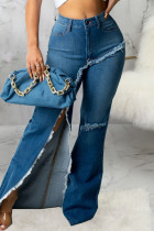 Blue Street Solid Patchwork Asymmetrical High Waist Thigh Split Denim Jeans