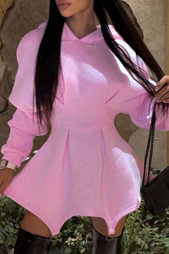 Pink Casual Solid Patchwork Asymmetrical Hooded Collar Long Sleeve Dresses
