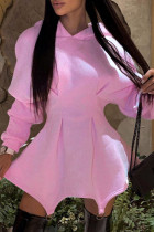 Розовые повседневные однотонные лоскутные асимметричные платья с капюшоном и воротником с длинным рукавом
