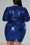 Blauwe casual effen pailletten patchwork O-hals eenstaps rok Grote maten jurken