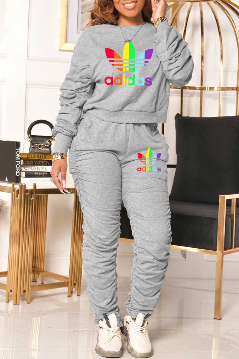 

Grey Casual Letter Embroidered Fold O Neck Long Sleeve Two Pieces