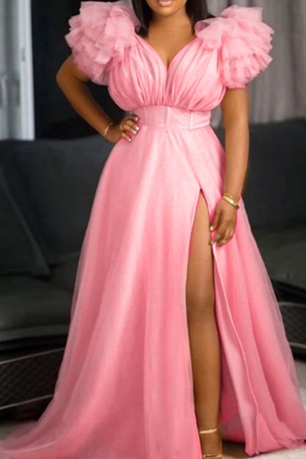 Rosa, sexy, elegantes, solides Patchwork-Abendkleid mit V-Ausschnitt, Kleider in Übergröße