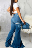 Blue Street Solid Patchwork Slit Asymmetrisk jeans med hög midja