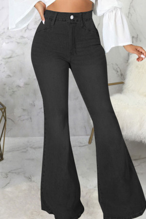Black Casual Street Solid Patchwork High Waist Flare Leg Denim Jeans