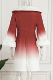 Rosso bianco elegante stampa patchwork piume al largo della spalla abiti gonna un passo