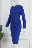 Королевские синие повседневные элегантные однотонные платья в стиле пэчворк с воланами и круглым вырезом, одноступенчатые юбки