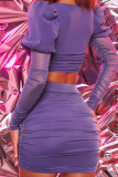 Púrpura sexy sólido patchwork cuello cuadrado manga larga dos piezas