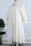 Blanco casual sólido patchwork cuello vuelto manga larga vestidos de talla grande