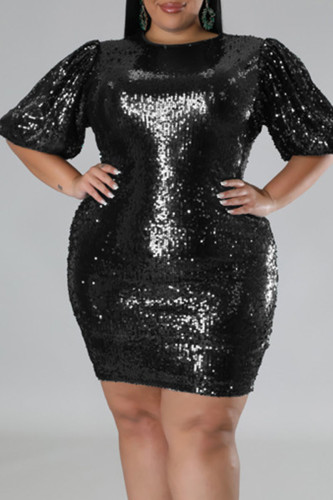 Black Casual Solid Sequins Patchwork O Neck One Step Skirt Plus Size Dresses