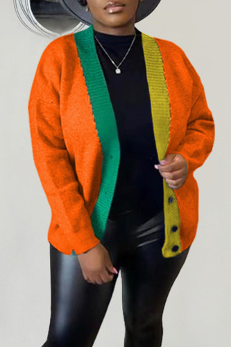Orange Casual Solid Patchwork Cardigan Collar Outerwear