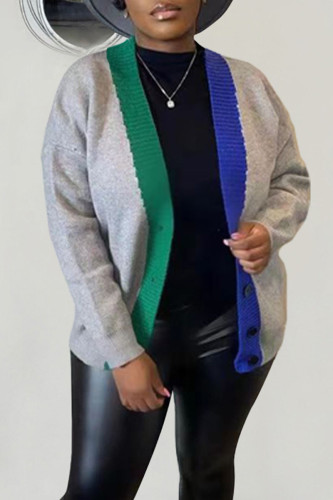 Grey Casual Solid Patchwork Cardigan Collar Outerwear