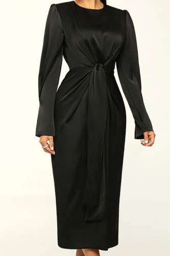Black Casual Solid Patchwork Fold O Neck Straight Dresses
