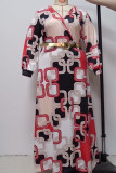 Rotes, lässiges, bedrucktes Patchwork mit Gürtel, V-Ausschnitt, bedrucktes Kleid, Kleider in Übergröße