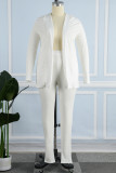 Pantalones cárdigan sólidos casuales blancos con cuello vuelto de talla grande de dos piezas