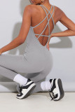 Kaki Casual sportkleding Effen patchwork Ruglooze U-hals Skinny jumpsuits