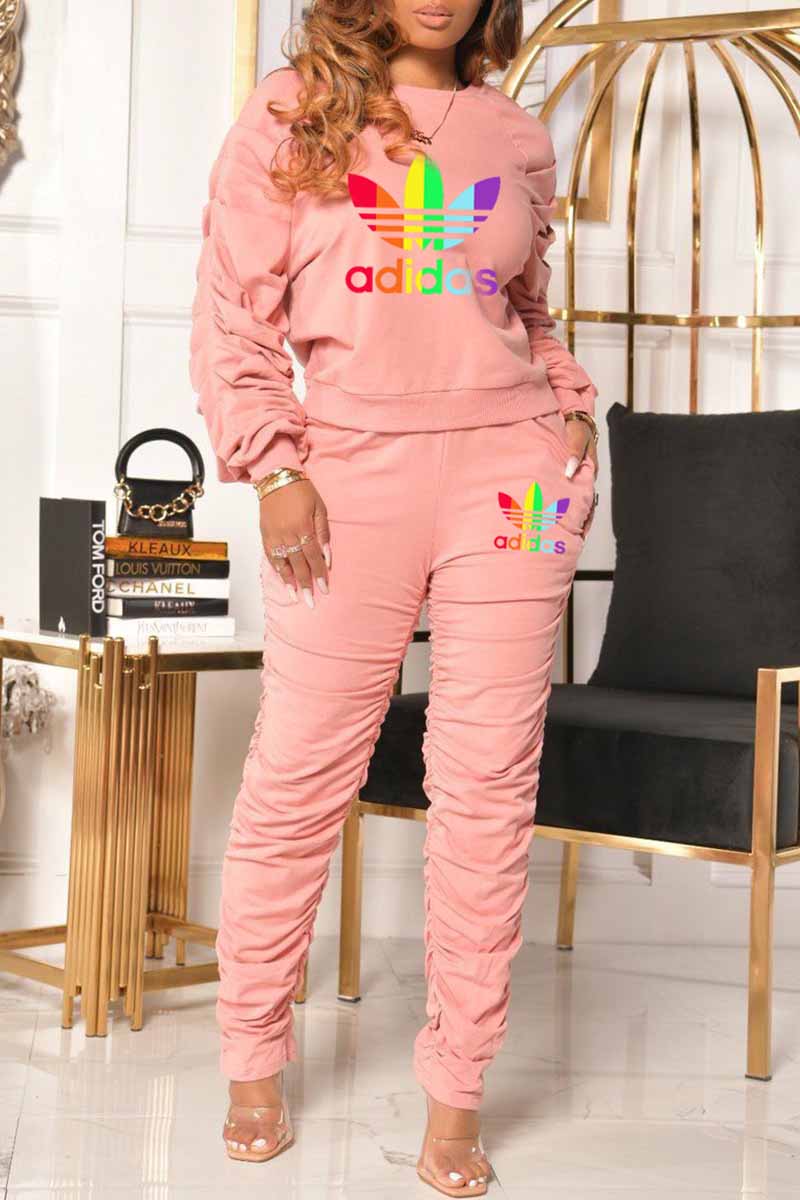 

Pink Casual Letter Embroidered Fold O Neck Long Sleeve Two Pieces