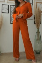 オレンジカジュアルソリッドパッチワークターンダウンカラー長袖ツーピース