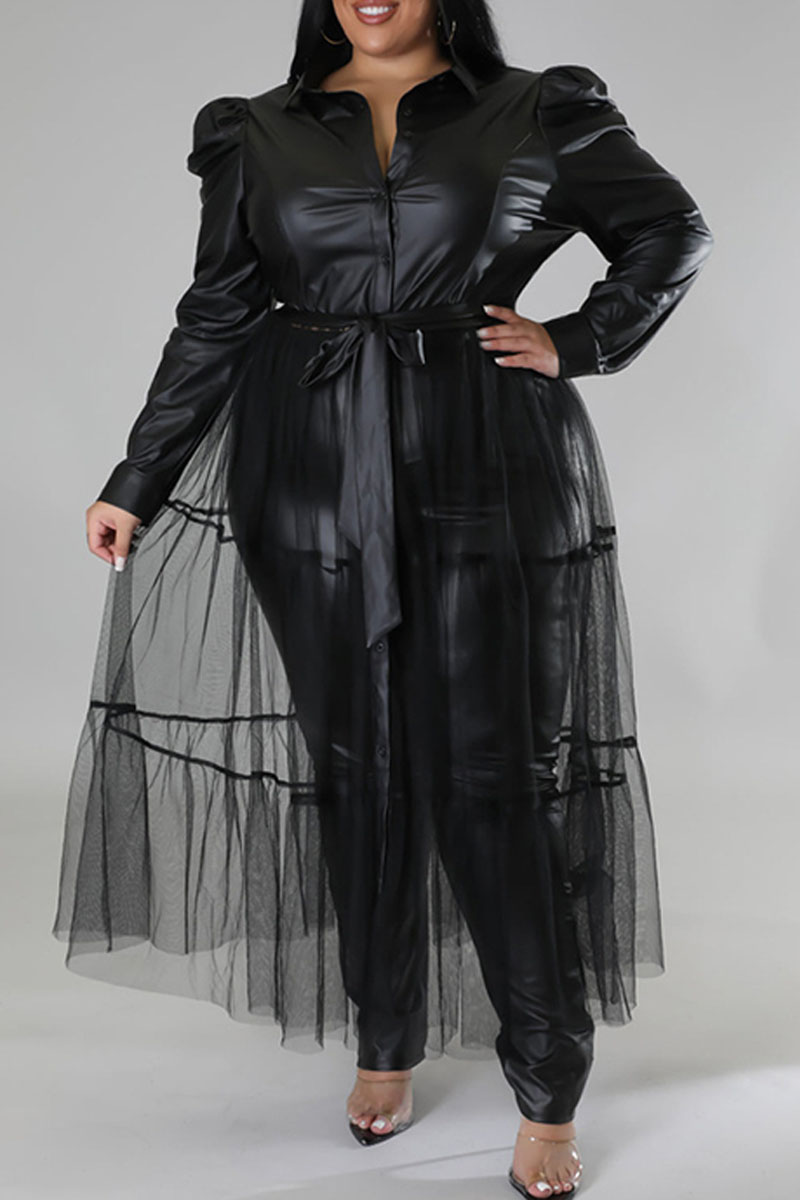 

Black Casual Solid Patchwork Turndown Collar Long Sleeve Plus Size Dresses