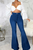 Jeans jeans cintura alta casual street patchwork sólido azul claro