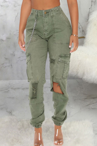 Army Green Casual Street Print High Waist Pencil Ripped Skinny Cargo Pants
