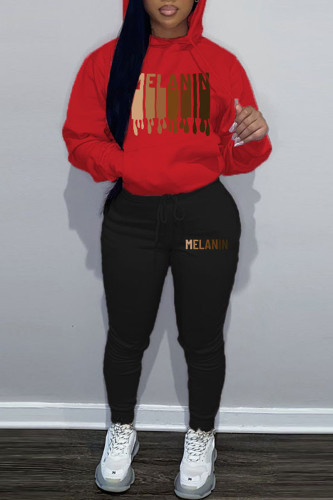 Red Casual Letter Print Hooded Collar Long Sleeve Sweatshirt And Pants Sportwear Two Piece Jogger Set