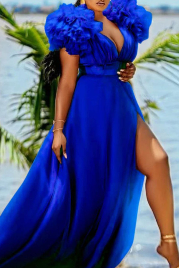 Azul sexy elegante sólido patchwork cuello en V vestido de noche vestidos de talla grande