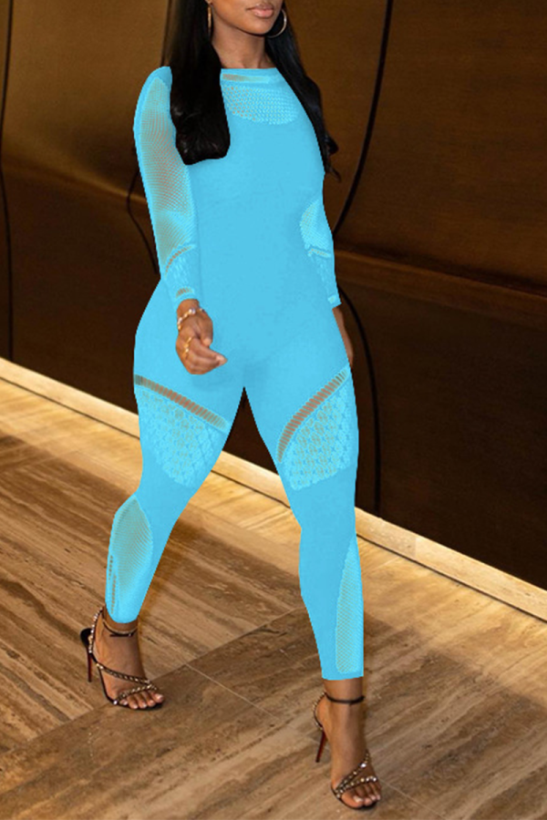 Blauwe sexy stevige doorzichtige mesh O-hals magere jumpsuits