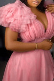 Robe de soirée à col en V en patchwork solide élégant rose nude robes de grande taille
