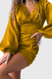 イエロー セクシー ソリッド パッチワーク フォールド V ネック ワンステップ スカート ドレス