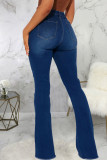 Babyblaue, lässige, solide Patchwork-Jeans mit hoher Taille und normaler Denim