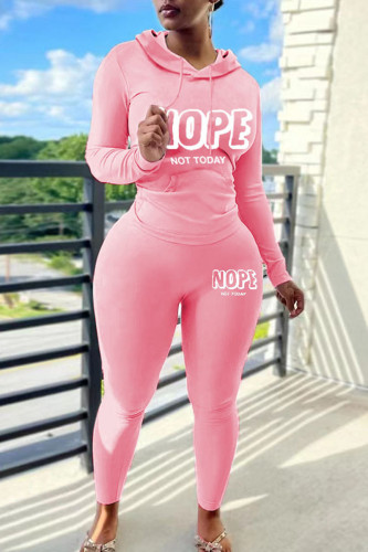 Pink Casual Letter Print Hooded Collar Long Sleeve Sweatshirt And Pants Sportwear Two Piece Jogger Set