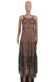 Black Sexy Solid Sequins Patchwork See-through Spaghetti Strap Sling Dress Dresses