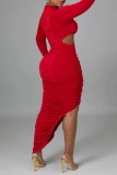 Красные сексуальные сплошные выдолбленные платья с длинным рукавом и круглым вырезом