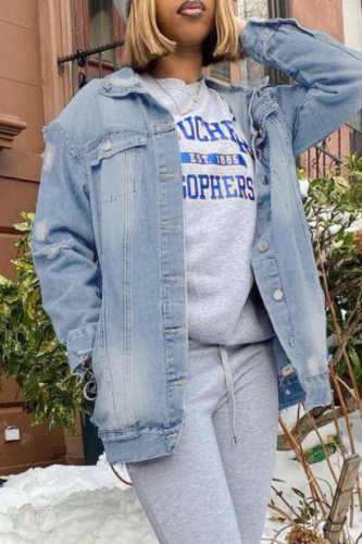Light Blue Casual Solid Ripped Cardigan Turndown Collar Long Sleeve Regular Denim Jacket