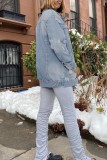 Ljusblå Casual Solid Ripped Cardigan Turndown-krage Långärmad vanlig jeansjacka